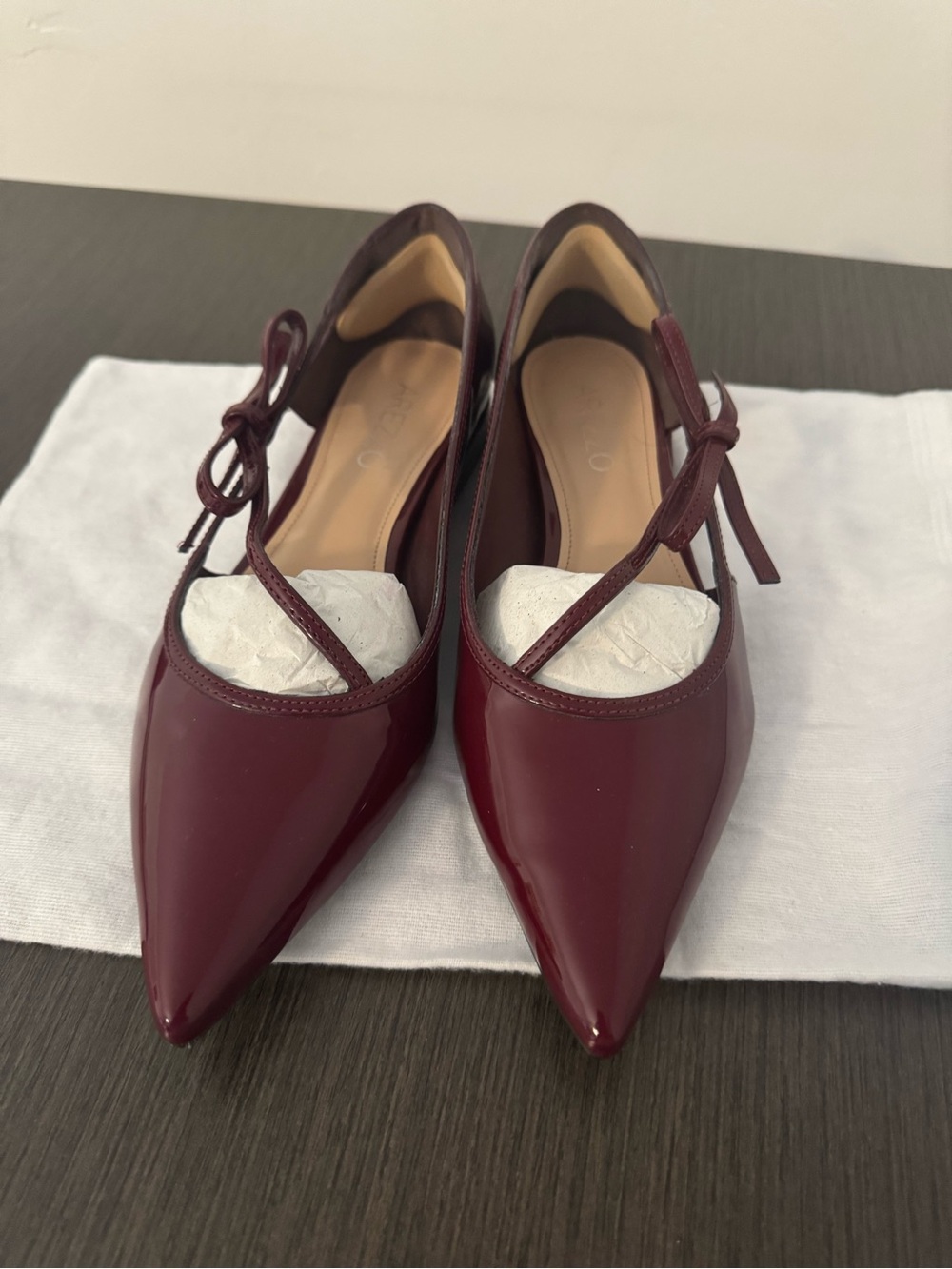 Pointed Burgundy Patent Flats with Ankle Tie Detail